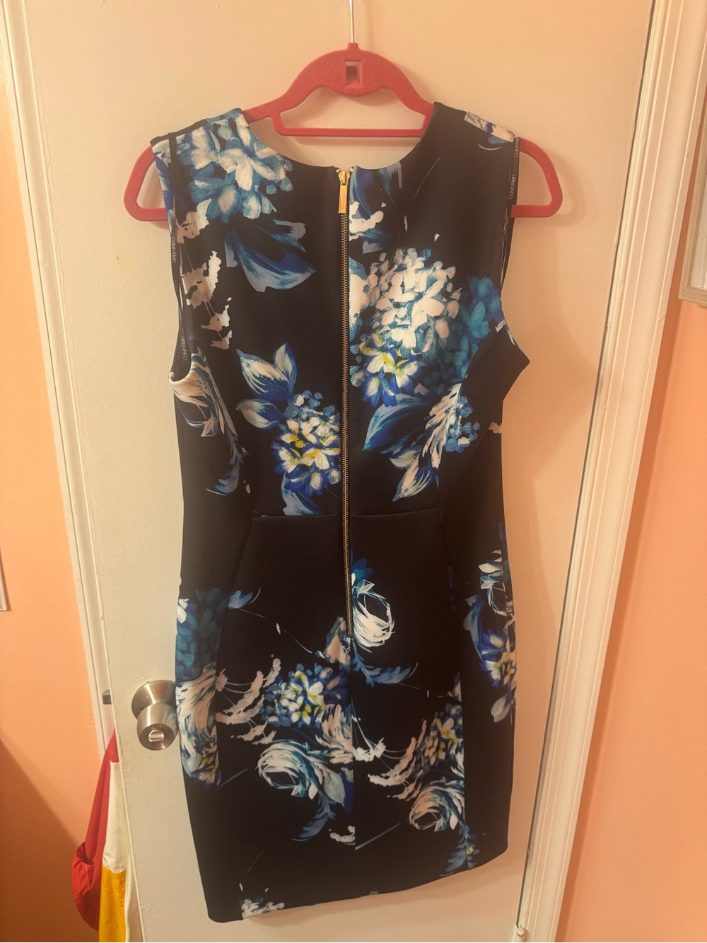 Calvin Klein Black Floral Midi Dress with Blue & White Blooms - Picture 3 of 6